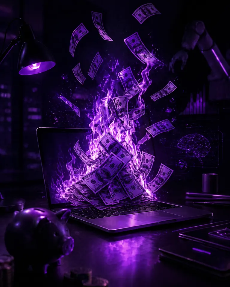 Notas de dinheiro pegando fogo em chamas violetas saindo de um laptop, simbolizando assinaturas em dólar