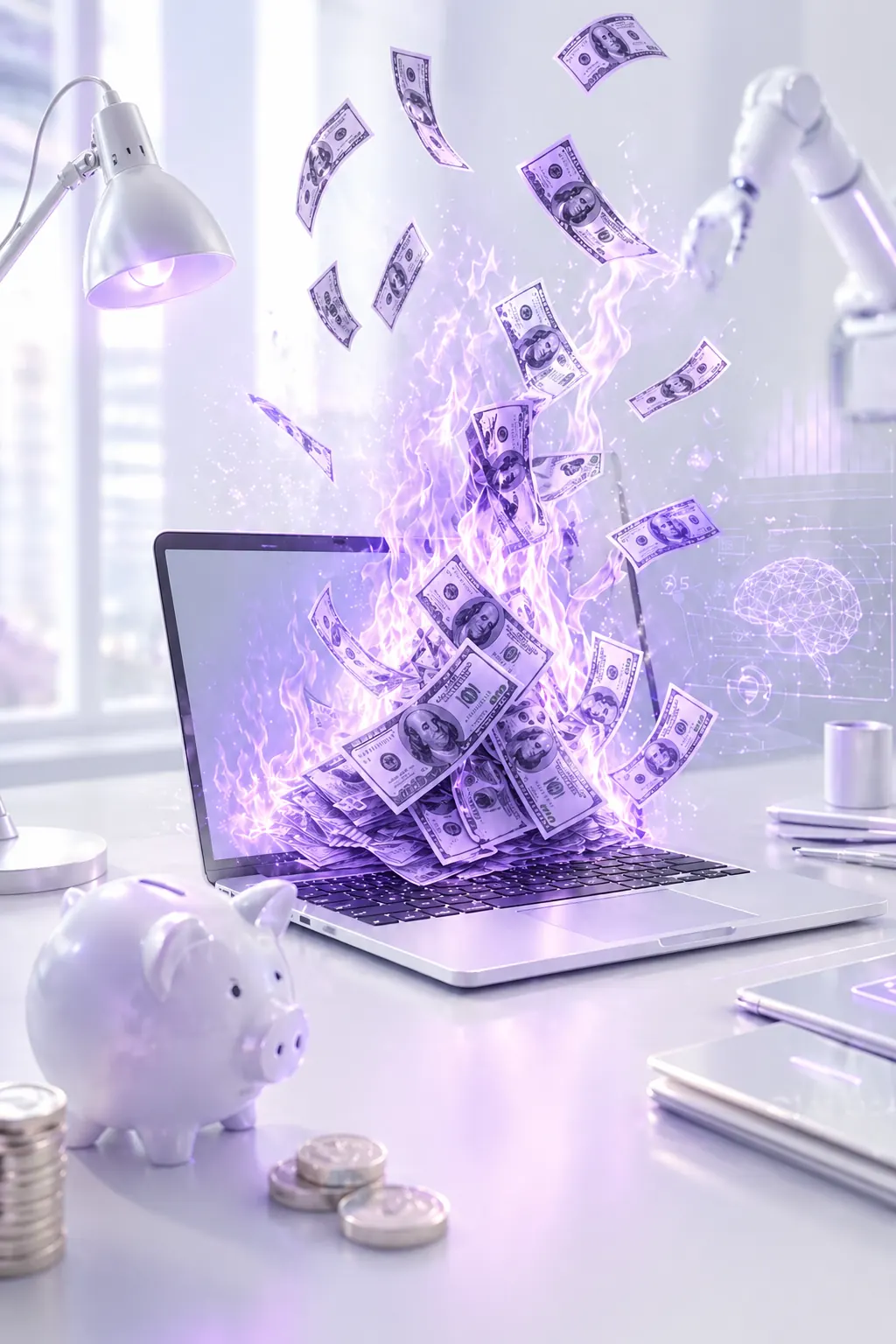 Notas de dinheiro pegando fogo em chamas violetas saindo de um laptop, simbolizando assinaturas em dólar