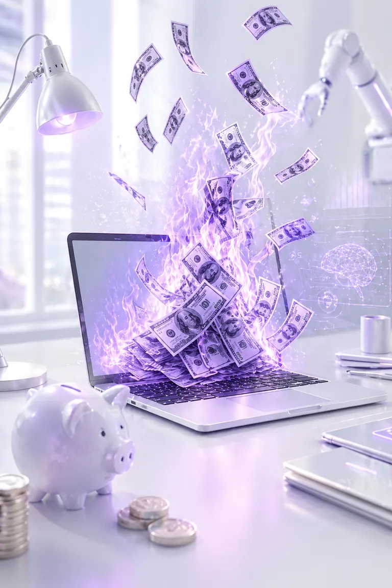 Notas de dinheiro pegando fogo em chamas violetas saindo de um laptop, simbolizando assinaturas em dólar
