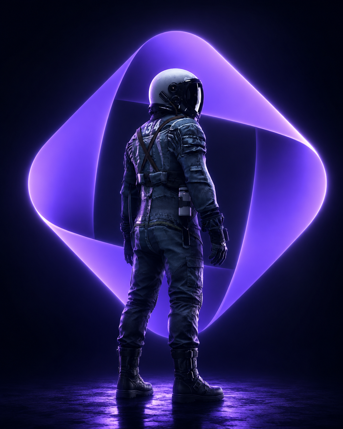 Astronauta diante do portal violeta da Ayzen