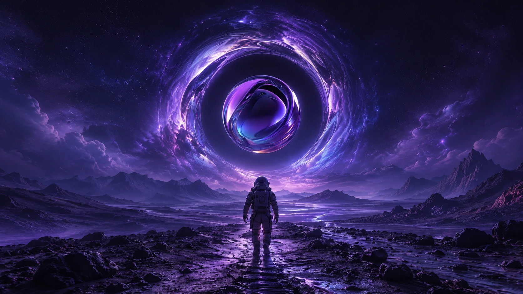Astronauta diante de um portal cósmico violeta, simbolizando a entrada para o universo de IAs da Ayzen