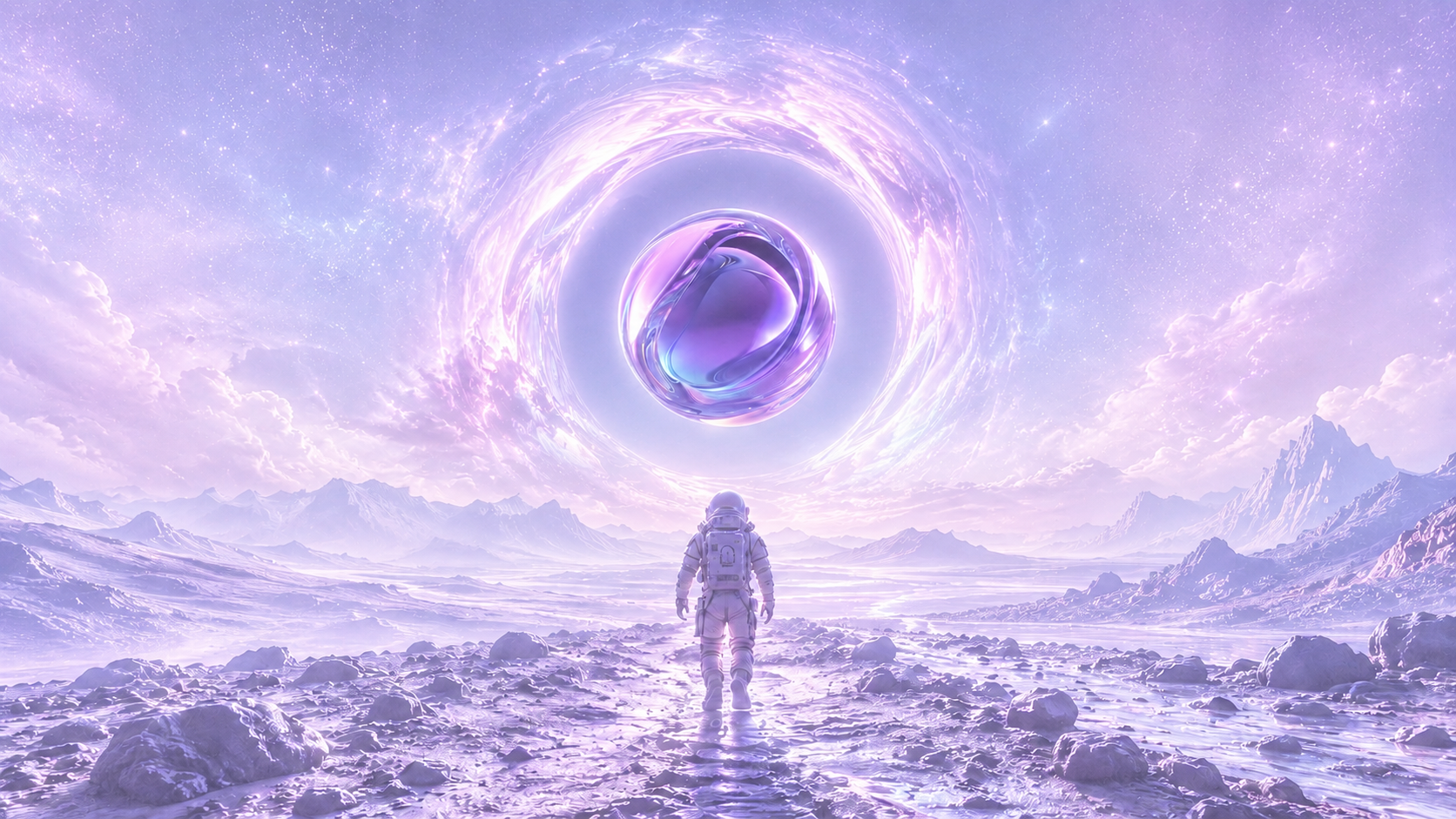 Astronauta diante de um portal cósmico violeta, simbolizando a entrada para o universo de IAs da Ayzen
