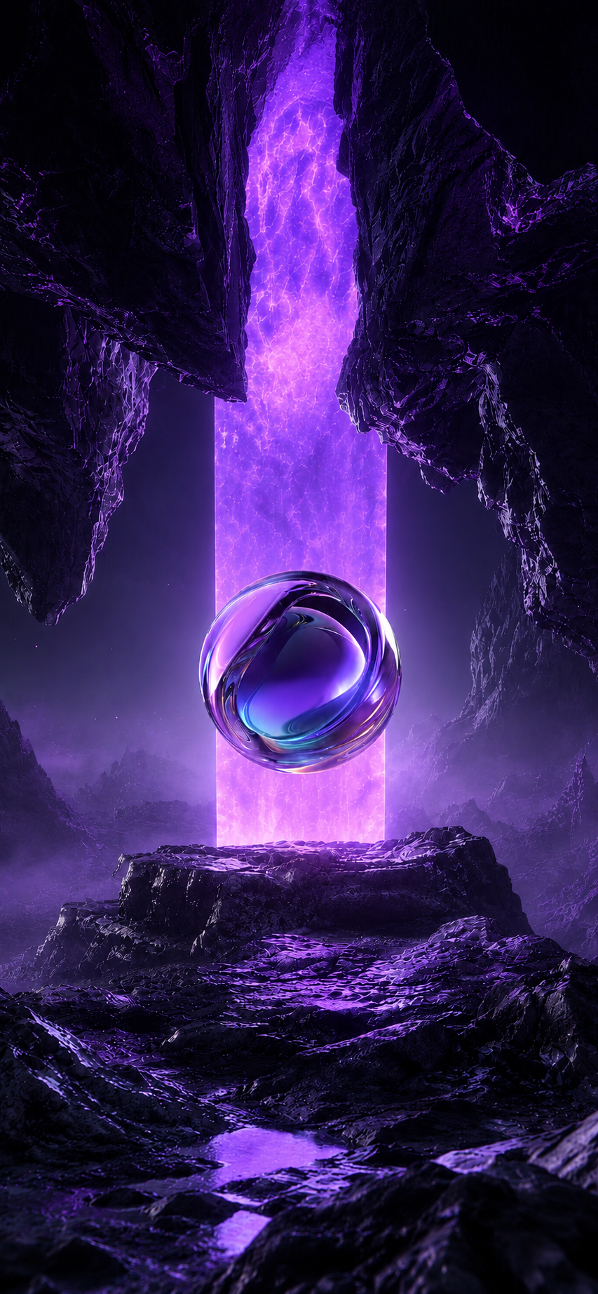 Render cinematográfico em tons escuros e luz violeta neon mostrando uma figura humanoide ao centro de uma arena circular ampla, com chão reflexivo e bastante espaço vazio ao redor