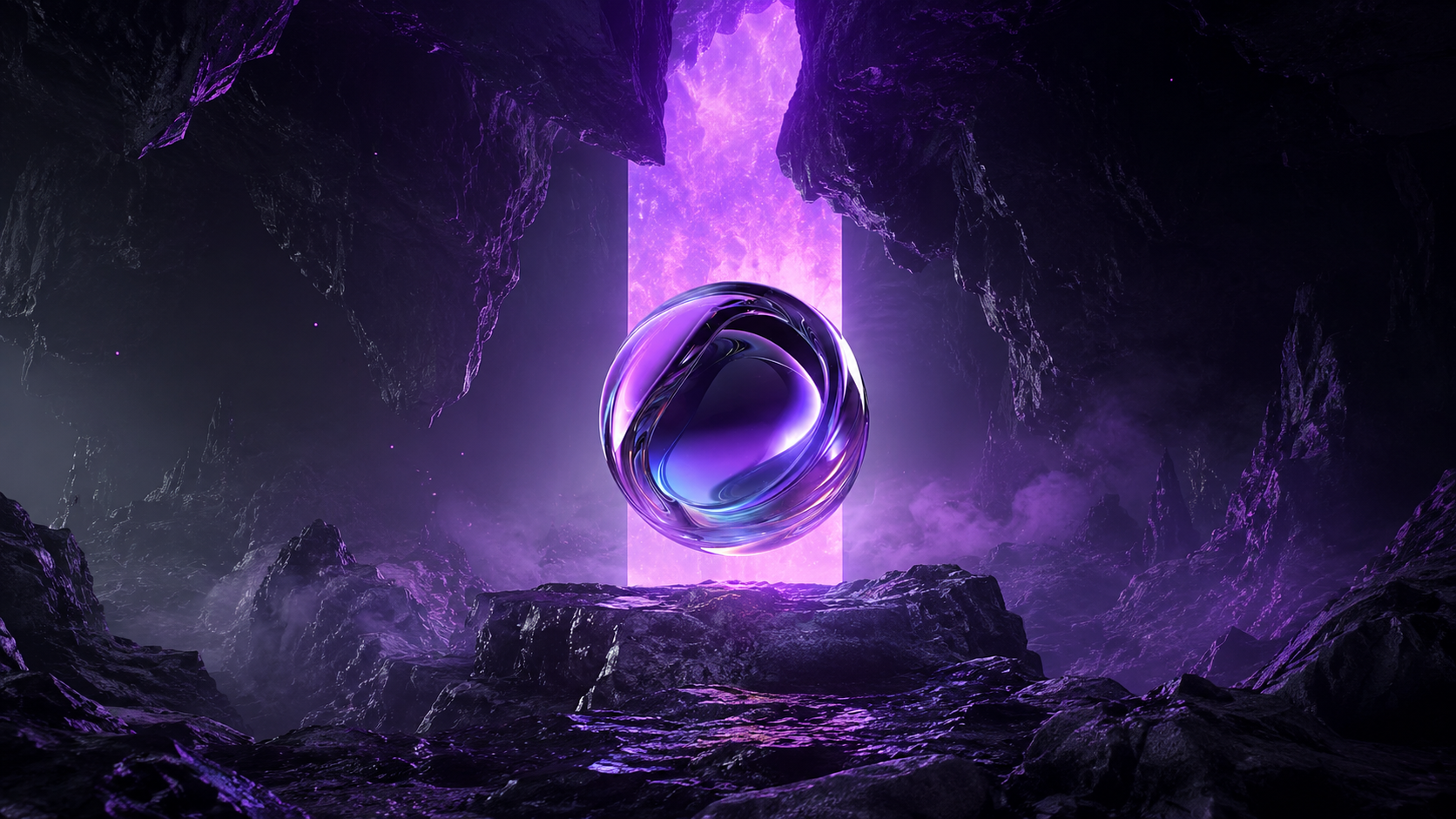 Render cinematográfico em tons escuros e luz violeta neon mostrando uma figura humanoide ao centro de uma arena circular ampla, com chão reflexivo e bastante espaço vazio ao redor